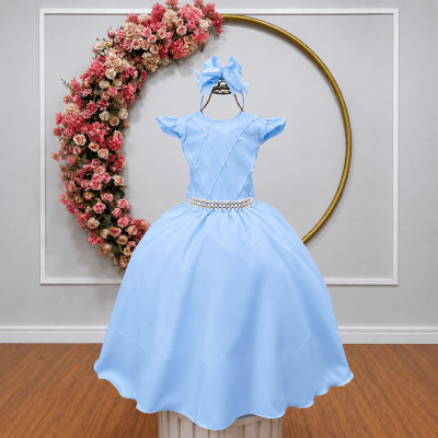 Vestido Longo Daminhas, Infantil Azul Claro em Poliéster Busto Nervura Daminhas