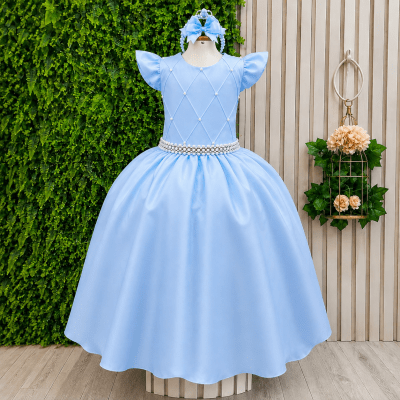 Vestido Longo Daminhas, Infantil Azul Claro em Poliéster Busto Nervura Daminhas
