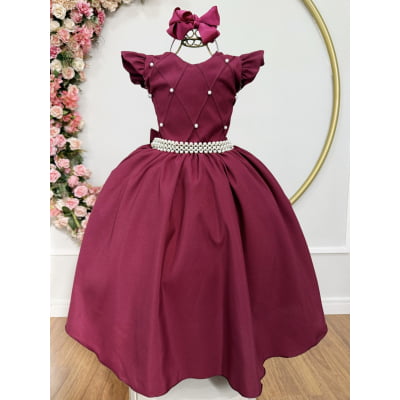 Vestido Longo Daminhas, Infantil Marsala em Poliéster, Nervura com Pérolas Cinto Luxo