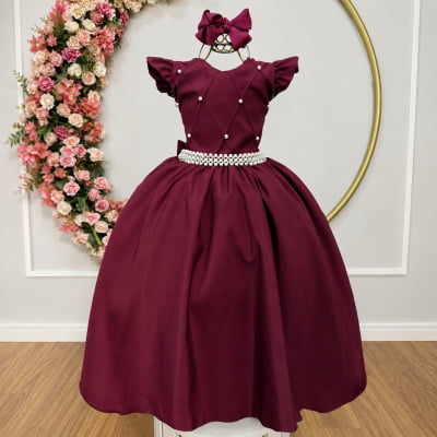 Vestido Longo Daminhas, Infantil Marsala em Poliéster, Nervura com Pérolas Cinto Luxo