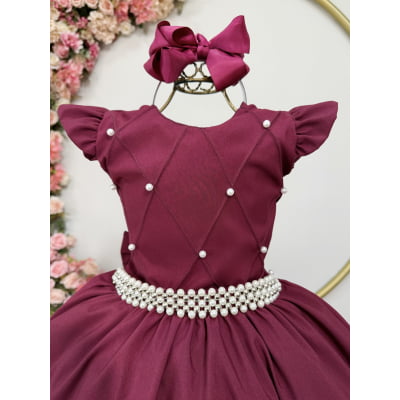 Vestido Longo Daminhas, Infantil Marsala em Poliéster, Nervura com Pérolas Cinto Luxo