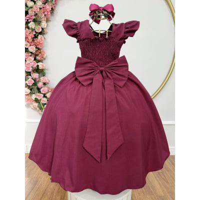Vestido Longo Daminhas, Infantil Marsala em Poliéster, Nervura com Pérolas Cinto Luxo