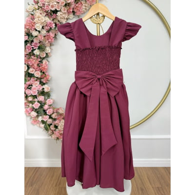 Vestido Longo Daminhas, Infantil Marsala em Poliéster, Nervura com Pérolas Cinto Luxo