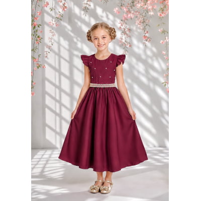 Vestido Longo Daminhas, Infantil Marsala em Poliéster, Nervura com Pérolas Cinto Luxo