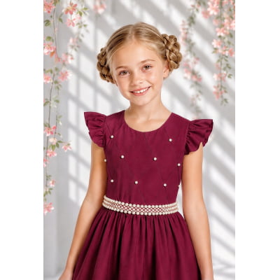 Vestido Longo Daminhas, Infantil Marsala em Poliéster, Nervura com Pérolas Cinto Luxo