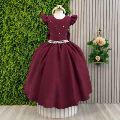 Vestido Longo Daminhas, Infantil Marsala em Poliéster, Nervura com Pérolas Cinto Luxo
