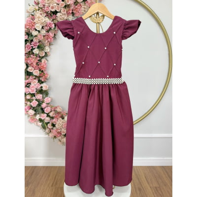 Vestido Longo Daminhas, Infantil Marsala em Poliéster, Nervura com Pérolas Cinto Luxo