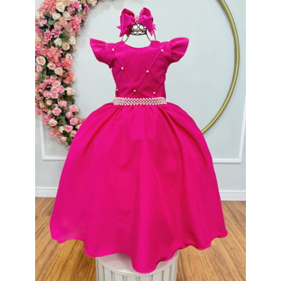 Vestido Longo Daminhas, Infantil Pink em Poliéster, Nervura com Pérolas Cinto Luxo