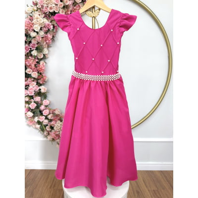 Vestido Longo Daminhas, Infantil Pink em Poliéster, Nervura com Pérolas Cinto Luxo