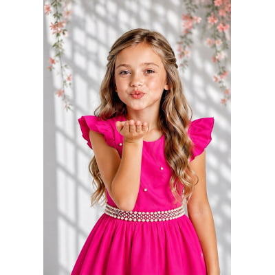 Vestido Longo Daminhas, Infantil Pink em Poliéster, Nervura com Pérolas Cinto Luxo