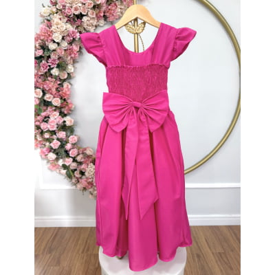 Vestido Longo Daminhas, Infantil Pink em Poliéster, Nervura com Pérolas Cinto Luxo