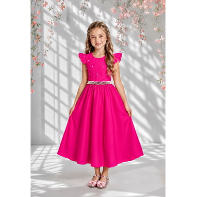 Vestido Longo Daminhas, Infantil Pink em Poliéster, Nervura com Pérolas Cinto Luxo
