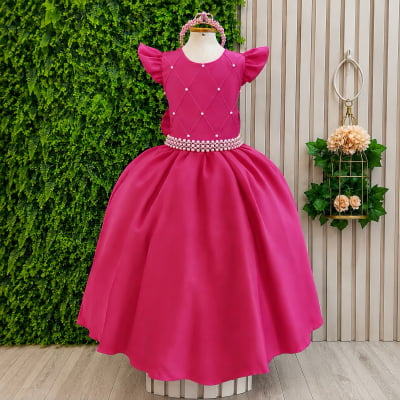 Vestido Longo Daminhas, Infantil Pink em Poliéster, Nervura com Pérolas Cinto Luxo