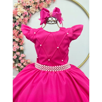 Vestido Longo Daminhas, Infantil Pink em Poliéster, Nervura com Pérolas Cinto Luxo