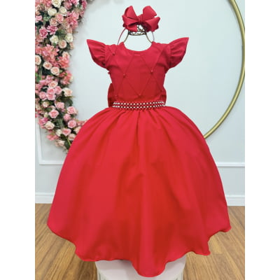 Vestido Longo Daminhas, Infantil Vermelho em Poliéster, Nervura com Pérolas Cinto Luxo