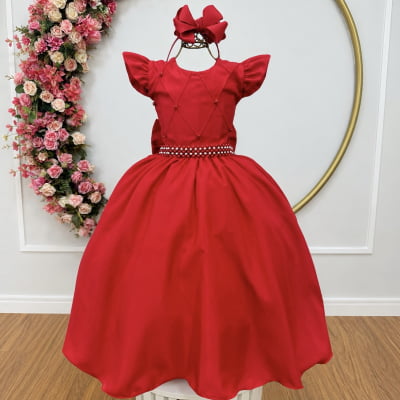 Vestido Longo Daminhas, Infantil Vermelho em Poliéster, Nervura com Pérolas Cinto Luxo