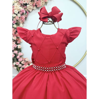 Vestido Longo Daminhas, Infantil Vermelho em Poliéster, Nervura com Pérolas Cinto Luxo
