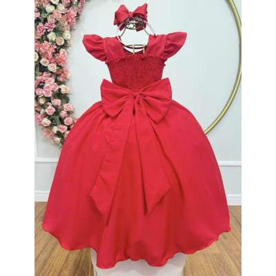 Vestido Longo Daminhas, Infantil Vermelho em Poliéster, Nervura com Pérolas Cinto Luxo
