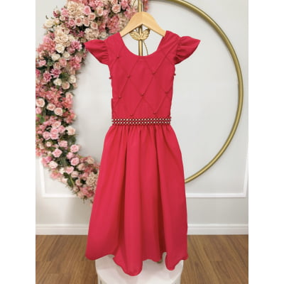 Vestido Longo Daminhas, Infantil Vermelho em Poliéster, Nervura com Pérolas Cinto Luxo