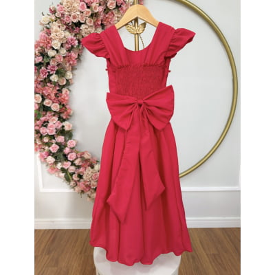 Vestido Longo Daminhas, Infantil Vermelho em Poliéster, Nervura com Pérolas Cinto Luxo