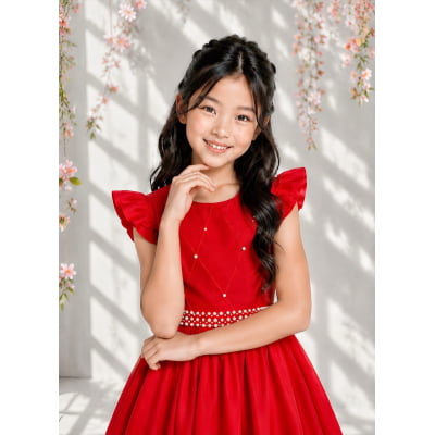 Vestido Longo Daminhas, Infantil Vermelho em Poliéster, Nervura com Pérolas Cinto Luxo