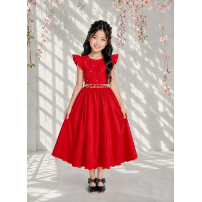 Vestido Longo Daminhas, Infantil Vermelho em Poliéster, Nervura com Pérolas Cinto Luxo