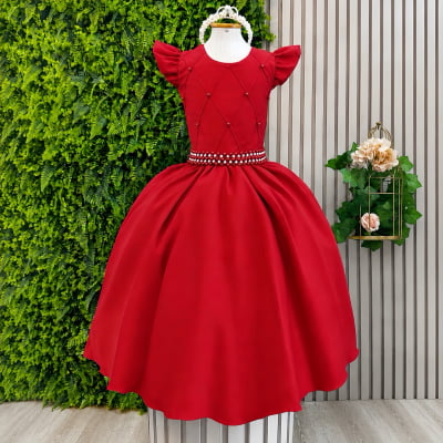 Vestido Longo Daminhas, Infantil Vermelho em Poliéster, Nervura com Pérolas Cinto Luxo