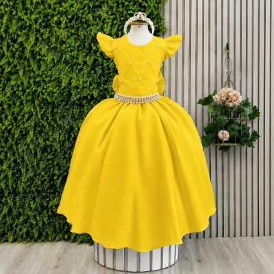 Vestido Longo Infantil Amarelo Ouro Daminha Nervura Pérolas Cinto Luxo