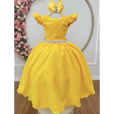 Vestido Longo Infantil Amarelo Ouro Daminha Nervura Pérolas Cinto Luxo