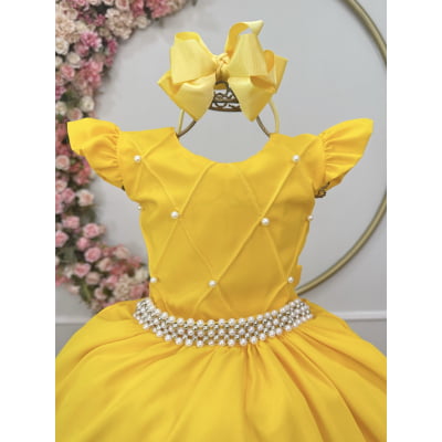 Vestido Longo Infantil Amarelo Ouro Daminha Nervura Pérolas Cinto Luxo