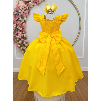 Vestido Longo Infantil Amarelo Ouro Daminha Nervura Pérolas Cinto Luxo
