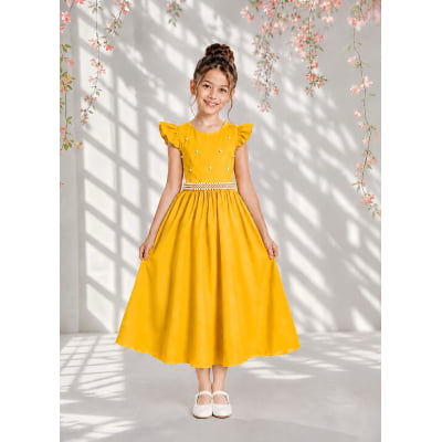 Vestido Longo Infantil Amarelo Ouro Daminha Nervura Pérolas Cinto Luxo