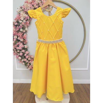 Vestido Longo Infantil Amarelo Ouro Daminha Nervura Pérolas Cinto Luxo