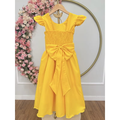 Vestido Longo Infantil Amarelo Ouro Daminha Nervura Pérolas Cinto Luxo