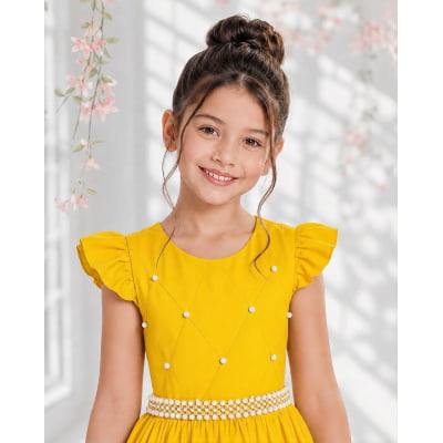 Vestido Longo Infantil Amarelo Ouro Daminha Nervura Pérolas Cinto Luxo