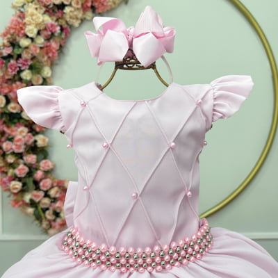 Vestido Longo Infantil Rosa Bebê Daminha Nervura Pérolas Cinto Luxo
