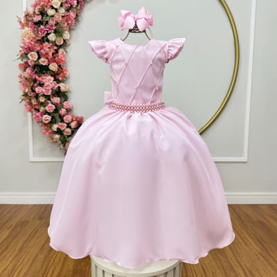 Vestido Longo Infantil Rosa Bebê Daminha Nervura Pérolas Cinto Luxo