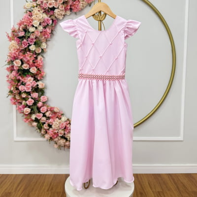 Vestido Longo Infantil Rosa Bebê Daminha Nervura Pérolas Cinto Luxo