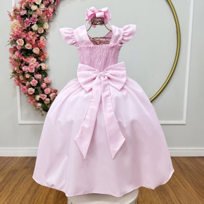 Vestido Longo Infantil Rosa Bebê Daminha Nervura Pérolas Cinto Luxo