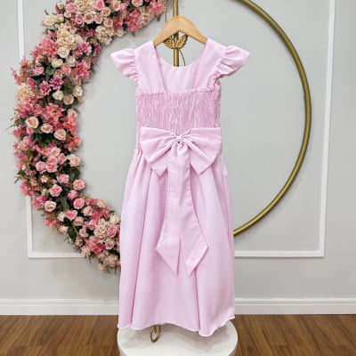 Vestido Longo Infantil Rosa Bebê Daminha Nervura Pérolas Cinto Luxo
