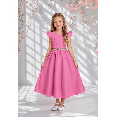 Vestido Longo Infantil Rosa Chiclete Daminha Nervura Pérolas Cinto Luxo