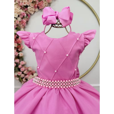 Vestido Longo Infantil Rosa Chiclete Daminha Nervura Pérolas Cinto Luxo