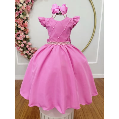 Vestido Longo Infantil Rosa Chiclete Daminha Nervura Pérolas Cinto Luxo