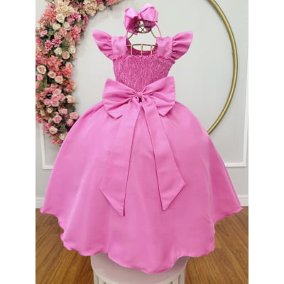 Vestido Longo Infantil Rosa Chiclete Daminha Nervura Pérolas Cinto Luxo