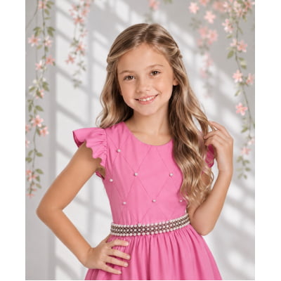 Vestido Longo Infantil Rosa Chiclete Daminha Nervura Pérolas Cinto Luxo