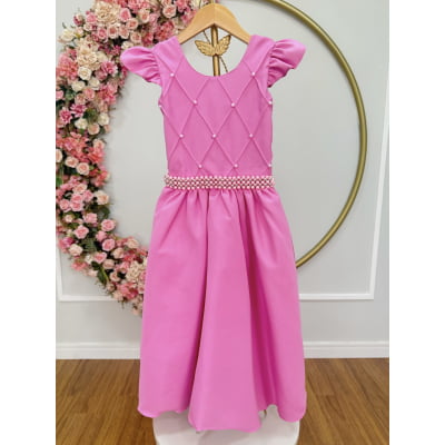 Vestido Longo Infantil Rosa Chiclete Daminha Nervura Pérolas Cinto Luxo
