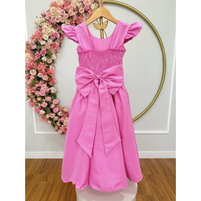 Vestido Longo Infantil Rosa Chiclete Daminha Nervura Pérolas Cinto Luxo