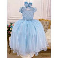 Vestido Infantil Azul Bebê C/ Busto Nervura e Pérolas Damas