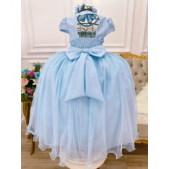 Vestido Infantil Azul Bebê C/ Busto Nervura e Pérolas Damas