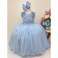 Vestido Infantil Azul C/ Renda Cinto de Pérolas Damas Luxo